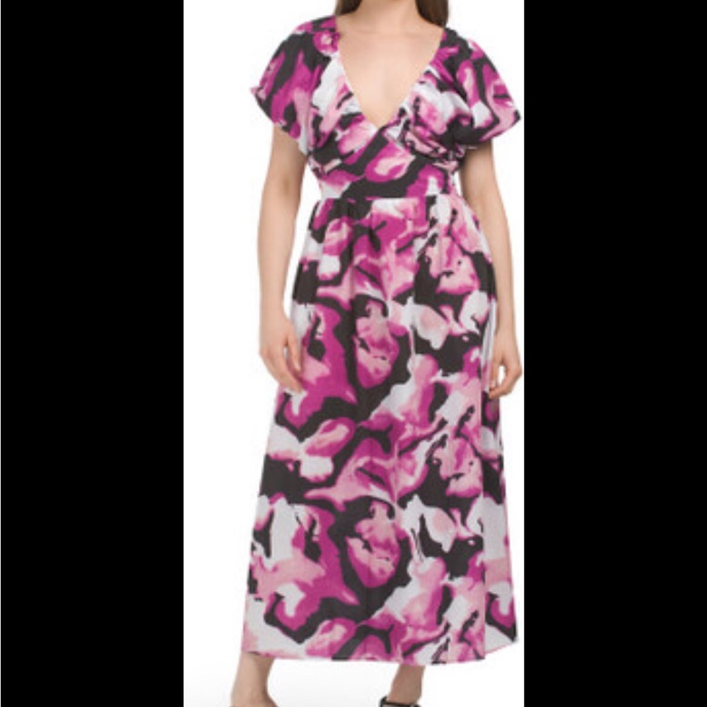 Melloday Maxi Dress XS Purple Black Print Puff Sleeve Boho Cottagecore Resort